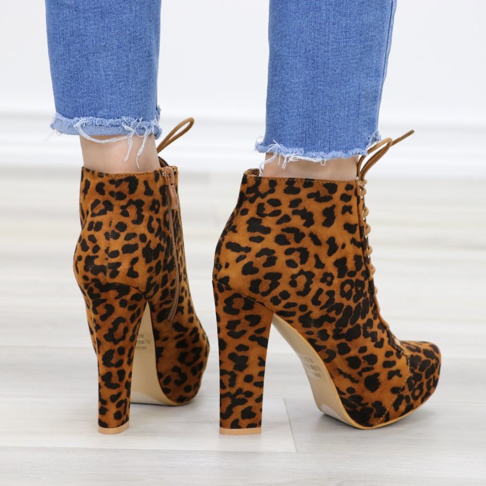 Leopard Print Suede Heeled Ankle Booties - Picture 6 of 11